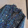 2024 스프링 블루 대비 컬러 트위드 재킷 긴 소매 V- 넥 버튼 더블 가슴 재킷 코트 짧은 아웃복 Z3D122712