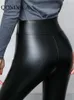 Kvinnors leggings Autumn Winter Tjock Warm Legging Leather High midja Push Up Pants Velvet Black Slimming Faux for Women 231214