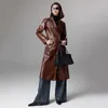 Trench-Coat en cuir de vache importé pour femmes, longueur moyenne, technologie de cire d'huile, revers amincissant, veste véritable rétro