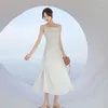 캐주얼 드레스 여름 흰색 새틴 미디 스트랩 드레스 여자 2023 결혼식 손님 신부 들러리 생일 무도회를위한 긴 우아한 슬림 형식 슬립
