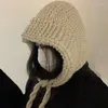Berets Inverno Vintage Lace Up Chapéu Oversize Quente Malha Lã Engrossar Estilo Coreano Caps Skullie Algodão Balaclava Cap 2024 Ano