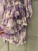 Sukienki swobodne 2023 Najwyższej jakości luksusowy projektant Purple Floral Silk Frill Ruffle Asymetryczne mini vintage dla kobiet