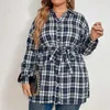 Women's Blouses Shirts Fashion Women's Clothing Plaid Print Turn-down Collar Button Long Sleeve Blouse Bandage Open Stitch Plus Size Slim Midi Shirt YQ231214