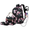 Sacs d'école adolescentes femmes en Nylon imprimé fleur coréen collège Style cartable sac d'isolation 3 ensemble