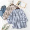 Women's Blouses Shirts Plaid Blouse Women Preppy Style Cotton and Linen Three Quarter Sleeve Loose Shirts Stand Collar Square Checked Cotton Tops YQ231214