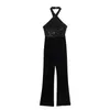 Women's Jumpsuits Rompers TRAF Women Sequined Tassel Halter Jumpsuit Black Sleeveless Backless Autumn Sexy Off Shoulder Party Fashion 231213