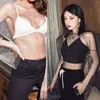 Mulheres camisetas Mulheres Verão Sexy Sheer Malha Flare Manga Longa T-shirt Glitter para Strass Diamante Fishnet Beach Cover Up Colheita