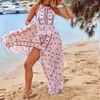 Casual klänningar högkvalitativ blommig tryck sommar 2023 Kvinnor Elegant Vintage Boho Long Maxi Dress Sexig backless Party Beach