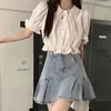 Bluzki damskie 2-częściowy zestaw kobiet koszula y2k puff rękawy Ruffle koreańskie wszechstronne topy wysokie pasy szczupłe, unikalne plisowane spódnica pani