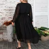 Robes décontractées Femmes Plus Taille Robe Automne Col rond Manches évasées Volants Hemline Overlay Office Lady Faux Deux pièces Midi