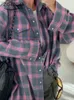 女性用ブラウスシャツシャツとブラウス秋のヴィンテージスタイルラペルルーズシャツチェッカーロングスレポケット女性のシャツファッション女性ブラウス2023L231214
