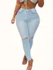Kadın Tulumları Yük atanlar yığılmış skinny kot pantolon kesilmiş diz açık mavi esnek sıkı uyumlu sıkıntılı yüksek bel pantolonu denim 231213