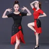 Stage Wear Square Dance Shirt 2 Piece Girl Costume Suit Summer Latin Skirt Fringe Short Sleeve Performance Training Rumba 3D Flower Red
