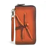 Wallets Genuine Leather Men Long Dragonfly Women Cellphone Purse Handmade Cow Card Wallet For Male Money Clips Bag