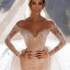 Stunningbride 2024 Champagne Luxury Off the Shoulder Long Sleeved Appliques Lace Mermaid Wedding Dress Beading Trumpet Bridal Gown Super Sparkly Wedding Dress