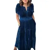 Casual Dresses Vintage A-line Velvet Dress Women Fall Stylish Summer Women's Pleated Patchwork Maxi With Silhouette V For A