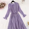 Abiti casual Primavera Donna Chiffon Abito plissettato stampato allentato Donna Tinta unita Vintage Manica lunga Elegante volant