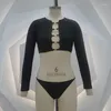 Arbeitskleider SKMY Mode 2023 Sommer Dreiteiliges Set Damen Outfit Schwarz Langarm Hollow Out Crop Tops Höschen und Röcke Strandkleidung