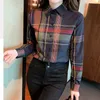 Bluzki damskie Koszulki moda bluzka dla kobiet 2022 Nowy wiosenny jesienny kołnierz kołnierzyka w kratę drukowanie z długim rękawem guziki szyfonowe proste swetry
