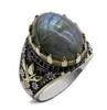 925 Sterling Silver Men039s Labradorite naturale Stampe della zampa Squisito buon auspicio Retro Trend Moda fatto a mano Matrimonio turco Ri8921876060