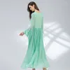 Casual Dresses 22 Momme Jacquard Silk Round Neck Elegant Women Georgette FLAGE Lång ärm Mint Green Dress Spring 2023 AY155