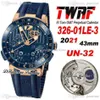 TWAF Executive El Toro UN-32 Automatisk män Titta på GMT Perpetual Calendar Rose Gold Blue Textured Dial Rubber Strap 326-01LE-3 SUPE281B