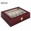 10 grilles rétro rouge en bois montre vitrine durable emballage titulaire bijoux collection stockage montre organisateur boîte cercueil T20052237a