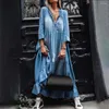 Casual Dresses Plus Size Robe Vintage Apparel Autumn Female Lace V Neck 3/4 Sleeve Stora Hem Tassel Loose Maxi Denim Dress for Women 2023