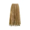 Ethnic Clothing Gaganight Womne Lace Mesh Stitching Beaded Skirt Women 2023 Summer High Waist Slim Medium Length A Line Fairy Pleated 231213