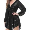 Casual Dresses Women's Black Short Prom Sequin Dress Mesh Puffy Long Sleeve Shiny Mini Glitter Party Evening Valentine'S Day Gifts