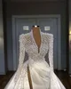Illusion Pearls Crystal Country Wedding Suknie afrykańskie długie rękawie Split Arabski satynowy kościół ogrodowy przyjęcie ślubne suknie szatą de mariee