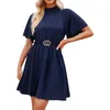 Casual Dresses Women's Dress French Solid Color Half High Collar Short Sleeves Waist A-line Skirt Female Clothing