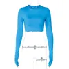 Women's T Shirts Solid Color Slim Fit Midriff-Baring Long Sleeve Gloves T-shirt Open Navel Glove