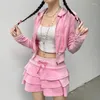 Arbeitskleider Barbiecore Rosa Reißverschluss-Hoodie und gestufter Minirock Zweiteiliges Set Damen Süße Y2K-A-Linien-Röcke Sweatshirts Anzug Herbst