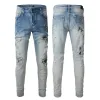 Homme Peinture Jeans Denim Skinny Slim Biker Moto Hip Hop Jambe Droite Patch Bleu Vintage Détresse Stretch pour Homme Gars Genou Déchiré Convient Pantalon Lon