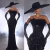 Black Fur Evening Dresses Sexy Strapless Beads Mermaid Prom Gowns Red Carpet Show Special Occasion Dress