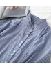 Camicette da donna Camicie Lamtrip Preppy Style Camicia a mezza manica con colletto arricciato scozzese blu e bianco YQ231214