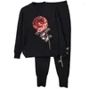 Sweat à capuche pour femmes, ensemble de tricot brodé à paillettes florales Rose 3D, manches longues, survêtement, chemise, pantalon décontracté, 2 pièces, D084