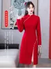 Ethnic Clothing Chinese Traditional Lace Qipao Dress For Women Autumn Winter Elegant Retro Slim Modern Improved Red Cheongsam CNY