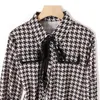 Women's Blouses Shirts Houndstooth Plaid Vintage Turn-Down Collar Lace Up Long Sleeve Women's Blouse Shirt Pullover Korean Fashion Female Clothing Tops YQ231214