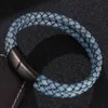 Double couche rétro bleu tressé bracelet en cuir hommes bijoux mode en acier inoxydable fermoir magnétique bracelets mâle bracelet cadeau2308
