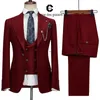 Mäns kostymer Blazers Cenne des Graoom Maroon Red Suit Elegant Single Breasted 1 Button Jacket Vest Pants Business Casual Wedding Costume Homme 231214
