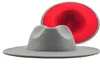 gray red Patchwork Wool Felt Jazz Fedora Hat Women Unisex Wide Brim Panama Party Trilby Cowboy Cap Men Gentleman Wedding Hat XL 222355631