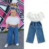 Set di abbigliamento FOCUSNORM 2-7Y Moda estiva Vestiti per ragazze Pizzo floreale con spalle scoperte Ruffles T-shirt Pantaloni lunghi in denim