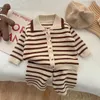 Clothing Sets Korean Spring and Autumn Baby Girls 2PCS Clothing Set Cotton Knitted Stripe Polo Coat Wide Leg Pants Set Preschool Girls Set 231214