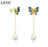 Laya argent papillon boucles d'oreilles breloques pour femmes 925 en argent Sterling naturel pain d'eau douce perle coloré émail bijoux fins 2022610973