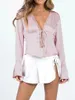 Women's Blouses Women Y2K Lace Trim Tie Front Crop Top Long Sleeve V Neck Open Up Cropped Cardigan Tops Satin Blouse Shirts