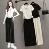 Kvinnors tvåbitar byxor Summer Korean Fashion Casual Sticked Set Women Loose Pullover Tröja Tops Wide Leg Suits Knitwear 2