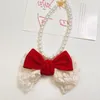 Dog Apparel Pearl Pet Necklace Red Plaid Christmas Cat Collar Accessories Bow Tie Neck Scarf Ring Neckchain Puppy