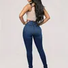 Kadın Tulumları Yük atanlar Düz yüksek bel skinny jean, ince fit eğik çizgi cepleri gündelik denim pantolon giyim l231213